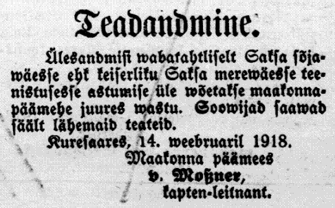 SAKSE SÕJAVÄKKE VÄRBAMINE. Kuressaare Teataja 20. veebruar 1918.png
