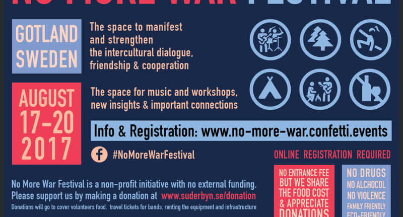 Ürituse «No More War» plakat lubab tugevdada kultuuridevahelist dialoogi, sõprust ja koostööd ning palub annetusi.