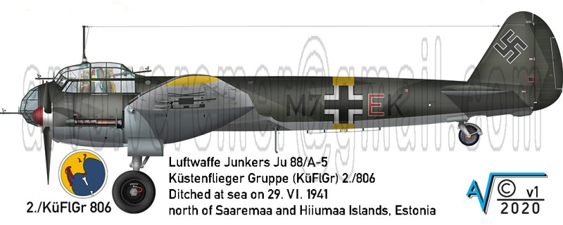 Junkers Ju 88 A5  early long wing M7+EK KuFlGr 806 Oesel 1941 v1 MilNet (1050px).jpg