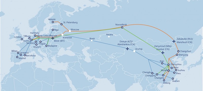 Rail freight routes between China and Europe.jpg
